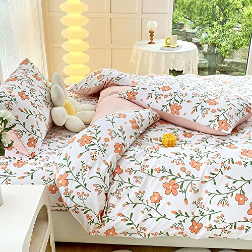 Luofanfei Bettwäsche 135x200 Blumen Muster Weiß Rosa Sommer Bettwäsche Set Blumenmuster Bunt Weich Microfaser Bettbezug Einzelbett und Kissenbezug 80x80 cm mit Reissverschluss
