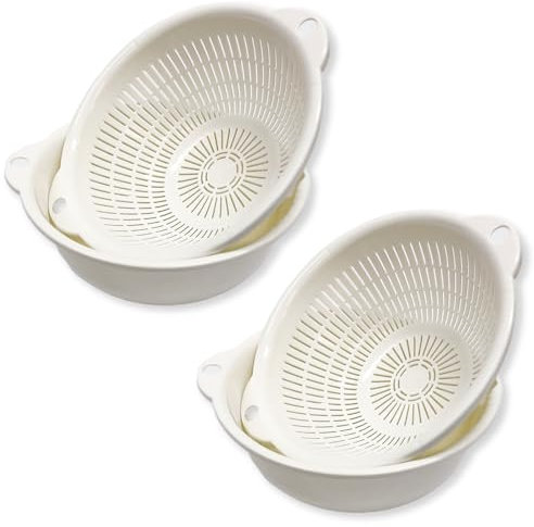 Kitchen Colanders and Bowl Pair Set. Easy to Use, 1.2-quart, 7 Handy Size, for Pasta, Spaghetti, Berry, Veggies, Fruits, Noodles, Salads, Made in Japan (White Double Set)