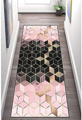 Teppich Läufer Flur rutschfest 90×250cm, Geometrisch Rosa Schwarz Gold Diamantgitter Küchenläufer Flurläufer Lang Polyester Teppichläufer, für Korridor Schlafzimmer Innen Wohnzimmer