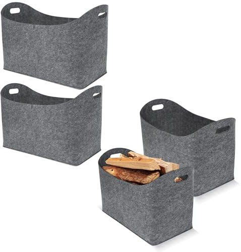 HENGMEI Filztaschen für kaminholz 4 Stück Kaminholztasche Faltbar Filzkorb Kaminholzkorb Einkaufstasche Henkeltasche für Holz, Zeitungen, Maße 55 x 30 x 40 cm (Typ B, Grau)