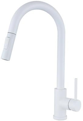GULICA Grifo de cocina blanco, mango único, 2 modos de agua, giratorio de 360 grados, preenjuague, grifo de fregadero de cocina extraíble