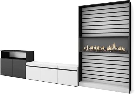 Skraut Home | Wohnwand Wohnzimmer | Wohnzimmermöbel, Möbelset | 360x186x35cm | Für TV-Geräte bis zu 65 | Elektrokamin | Moderner Stil | Weiß und Schwarz