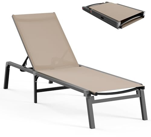 Tumbona de aluminio para exteriores, plegable y sin montaje, con 5 respaldos ajustables, silla de patio para exteriores, piscina, playa, piscina, caqui