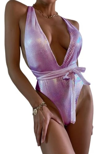 MUMZUGI Costumi da Bagno Donna Interi Tankini retrò Bikini Vita Alta Push Up Beachwear Floreale, Paillettes Rosa L