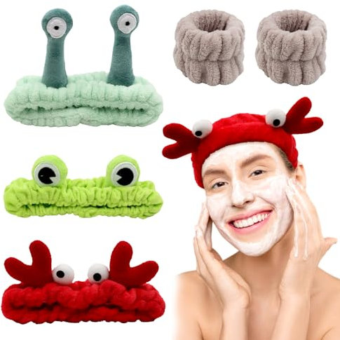 ZOCONE 3 Stück Haarband Kosmetik Set - Tiere mit Armband Frottee Damen Schminken Süß Schnecke Abschmink Frosch Headband Skincare Hirsch Make Up Lustig Stirnband Spa