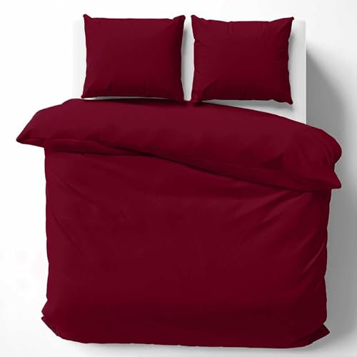 Cotton Castle Bettwäsche Bettgarnitur Bettbezug 100% Baumwolle 135x200 155x220 200x200 200x220, Farbe:Weinrot, Größe:200 x 220 cm
