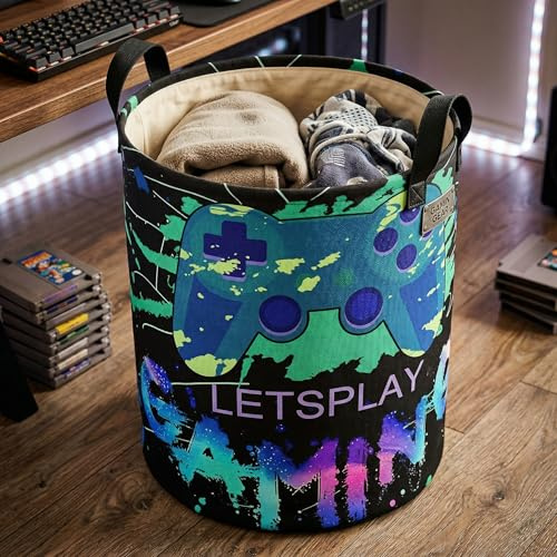 Kuh Wäschekorb faltbar Kinder Wäschekorb leichtes Gewicht Kleidung Lagerung Eimer wasserdicht Zimmer Spielzeug Veranstalter Jungen Mädchen Geschenk Bin für Dekoration (grünes Gamepad, 43L)