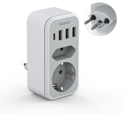 TESSAN Adattatore Presa Svizzera, 6 in 1 con 1 USB C e 3 USB A, Adattatore Presa Svizzera a Italiana 2500W, per Liechtenstein Giordania, Spina Tipo J