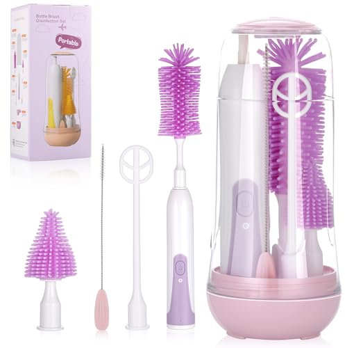 Wrischan Electric Baby Bottle Brush - 360° Rotation Bottle Cleaner, Teat & Straw Cleaner, Mixing Stick, Travel Essentials, Rechargeable (Purple)