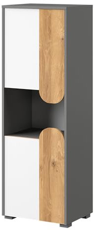 MINIO go for it – hohe Regal Carina 4, 50 cm Breit, Hochregal mit Türen für Jugendzimmer, Hochschrank, Highboard, Farbe: Nash Eiche/Weiß/Hellgrau