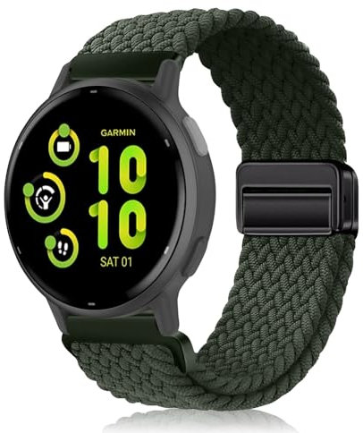 PaceBid 20mm Nylon Strap for Garmin Forerunner 165/165 Music/245/645/570 42mm/Vivoactive 6/5/3, Magnetic Braided Replacement Watch band for Garmin Approach S50/S44/Venu Sq 2/Venu 2 Plus -Dark Green