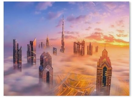 Karton Jigsaw Puzzle 1000 Stück，die spektakuläre Skyline der Stadt Dubai mit ihren Wolkenkratzern im morgendlichen Nebel，Erwachsene Kinder Spielzeug Dekompressionsspiel（50x70cm-115