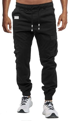 LIUPMWE Herren Hose Chino Cargo Hose Jogginghose Herren Baumwolle Casual Sweatpants Freizeithose Elastische Pants Taille mit Kordelzug Taschen,XL,Schwarz-New