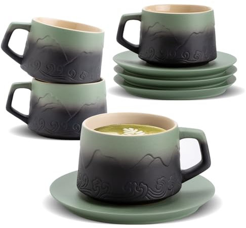 ZENS 8 Ounce Cappuccino Cups Set of 4, Embossed Artistic Mug With Saucers for Latte Art, Ceramic Coffee Cups for Au Lait Cafe or Matcha Tea Cup Gifts, Moss Green & Black