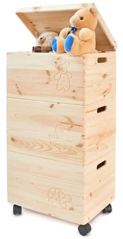 PINUS - Spielzeugkiste Holz mit Deckel 3-in-1, Spielzeug Aufbewahrung Motiv, 39x30x74 cm, Aufbewahrungsbox Kinderzimmer auf Rädern, Spielkisten Aufbewahrung Kinder, Holztruhe Kinderzimmer