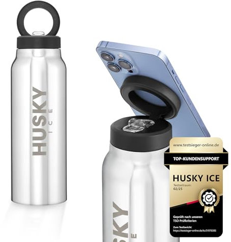 HUSKY ICE Edelstahl Trinkflasche mit MagSafe Ring - Isolierflasche mit Magnetische Halterung für Handy 750ml - Sportflasche für Gym, Büro – Sport Thermobecher - Thermosflasche Kohlensäure (Metallic)