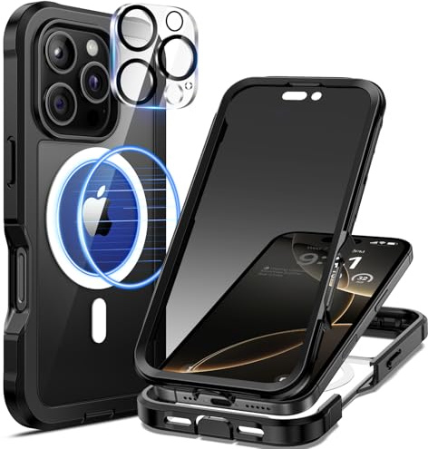 seacosmo Cover per iPhone 16 Pro Max Privacy Magnetica, Compatibile con Magsafe, Antispy Schermo Integrata in Vetro Temperato, Protezione Fotocamera, Custodia 360 Gradi Antishock Fronte Retro - Nero