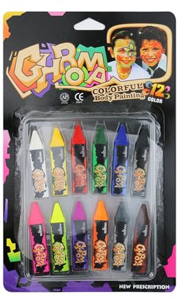 Pintacaras Infantil, 8 Colores Fluorescente Pintura Cara Niños Hipoalergenica, Neon Pintura Facial y Corporal Seguridad No Tóxica (Lápiz facial de 12 colores - tarjeta de papel (4 fluorescente))