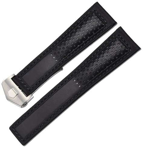 RORFFK Echtes Lederarmband, 22 m, für Tag Heuer F1-Armband, rote Nähte, Uhrenarmband aus Leder mit Faltschließe(Black silver buckle)