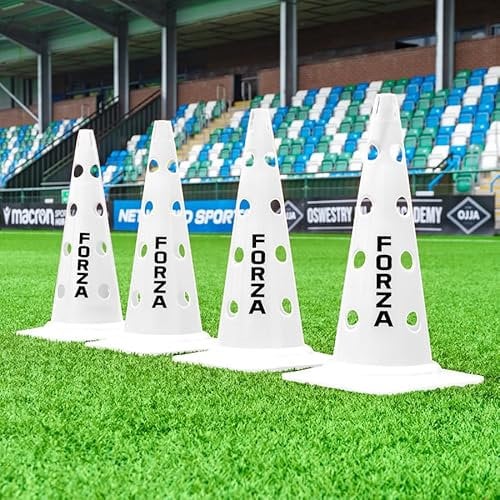 FORZA 20in Training Cones | Set of 4 or 8 High-Visibility Sports Cones for Agility Drills, Speed Training, and Hurdle Setup - 4 Colour Options (Without Agility Poles, White, Pack of 4)