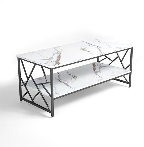 Soayone Couchtisch Marmor Optik Couchtisch Weiß Couch Tisch Wohnzimmer Modern Wohnzimmertisch mit Stauraum Stubentisch MDF Tisch