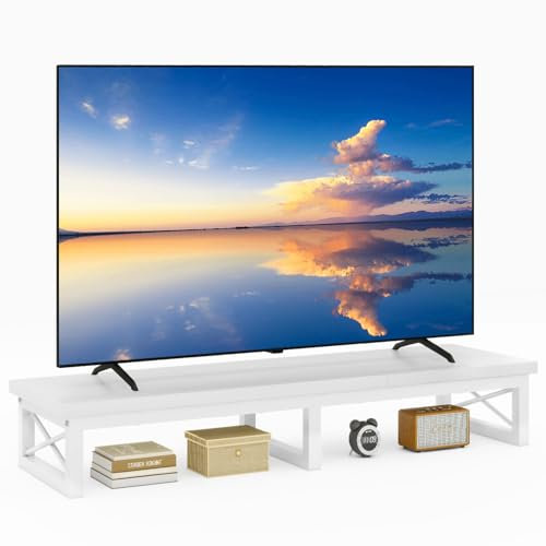 IBUYKE 32-60 Mueble TV,Mesa Televisión Estrecha con 2 balda,Doble Pantalla de Escritorio de Oficina,Mueble de TV para Hogar,Dormitorio,Sala de Estar,Blanco TVT002W