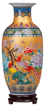 RGZFYH Vase Jingdezhen Keramik-Bodenvase, 38 cm hoch, dekorative Blumenvase im China-Stil mit Holzsockel, Klassische chinesische Retro-Porzellanvase für Wohnzimmer-Dekoration Blumenvase