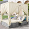Merax Gartenliege Doppelbett mit Schattenvorhang, Rattan Outdoor Liege, Wetterfeste Lounge-Möbel für Balkon und Garten, Klappbar mit Cremeweißem Kissen, Verstellbare Rückenlehne und Klapptisch