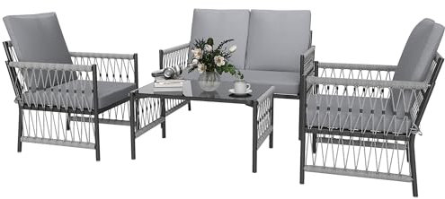 Outsunny 4 Piece Rattan Garden Furniture Set, 4 Seater Wicker Patio Conversation Set with 2 Armchairs, Loveseat, Glass Top Coffee Table and Cushions for Outdoor, Balcony, Grey