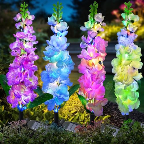 Qoosea Luces Jardin Solares Exterior, 4 Piezas 4 Colores Luces Solar de Flores Violetas,2 Modos 80 LED Lámparas Solares para Decoración Impermeable Jardín,Patio,Como regalo dia de la Madre