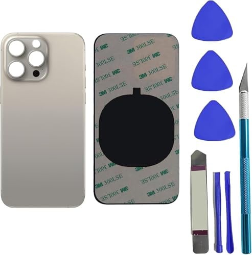 15 Pro hintere Glas Ersatz für iPhone 15 Pro hintere, Natürlich Titan | Kratz‑ und abriebfest, präzise löcher, fester sitz, komplettes reparatur‑werkzeug‑kit im lieferumfang, umfangreiches zubehör