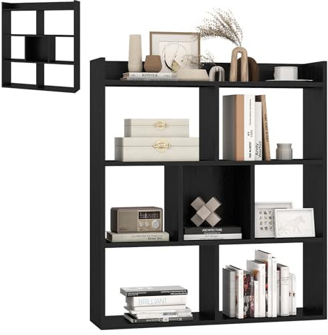 HOMASIS Bücherregal mit 7 Würfeln, Würfelregal mit offenen Fächern & Ablagen, Standregal aus Holz, Aufbewahrungsregal mit Kippschutz, Raumteiler für Wohnzimmer Arbeitszimmer Büro, 80x20x90cm (Schwarz)