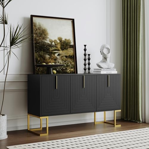 OLIVIBED Aparador con 3 puertas en diseño en forma de U, cómoda moderna con estantes ajustables, armario de salón con asas de metal dorado y base, para comedor, cocina, 138 x 40 x 80,5 cm, color negro
