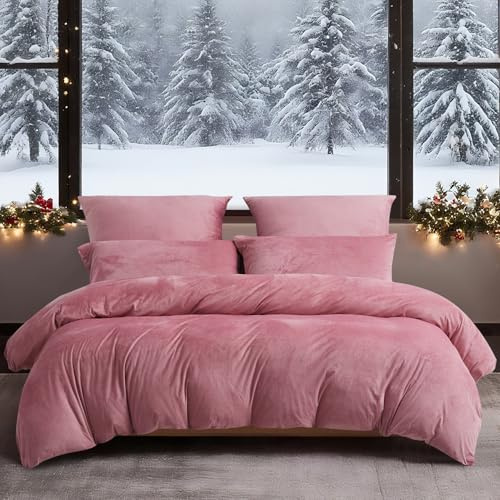 YASMENG Winter Bettwäsche 135x200 Rosa Altrosa Uni Warm Kuschelig Flauschige Bettwäsche Winter Weich Warme Samt Plüsch Fleece Flanell Bettbezug Set 2 Teilig mit Reißverschluss und 80x80 cm Kissenbezug