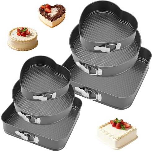 YIXNSW 6 Stück Springform Set, Herz, Rund, Quadratisch Non-Stick Kuchenformen, 18-28 cm Black Abnehmbarer Flachboden Backformen Set für Backen