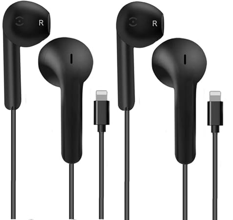 AEAOA Cuffie Lightning con cavo, Confezione da 2 Auricolari in-ear per iPhone 14/14 Plus/13/12/11/8/7 X Pro Max, Certificati MFi Hi-Fi Stereo Apple Wired Headphones(Nero)