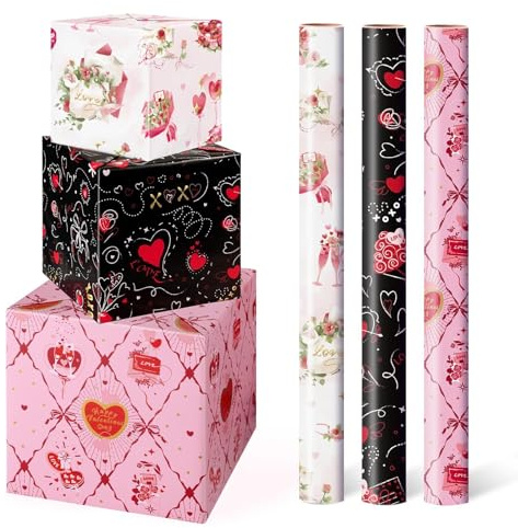 WERNNSAI Valentinstag Geschenkpapier – 3 Rollen Herz Geschenkpapier in Rosa & Schwarz Blumen Liebesdesign für Valentinstag Deko mit Schnittlinie 43 cm x 3 m