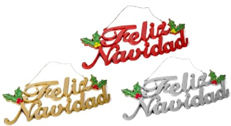 Acan Tradineur - Confezione di 3 cartelli da appendere metallizzati Buon Natale - Realizzato in plastica - Articolo per decorazione natalizia - 12 x 29 cm - Colori casuali