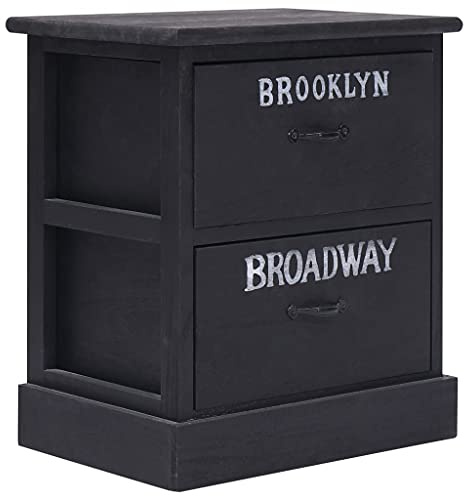 Owoxanthellate Nachttisch Schwarz 38×28×45 cm aus massiven Paulownia Holz Modernes Vintage Design mit 2 Schubladen Bedruckt mit New York Bezirken für Schlafzimmer Wohnzimmer Flur