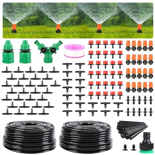 DUCHIFAD Kit de riego por goteo de 30 m, sistema de riego automático de jardín con mangueras de 1/4, boquillas de pulverización ajustables y salidas de goteo para camas elevadas, terrazas, céspedes e