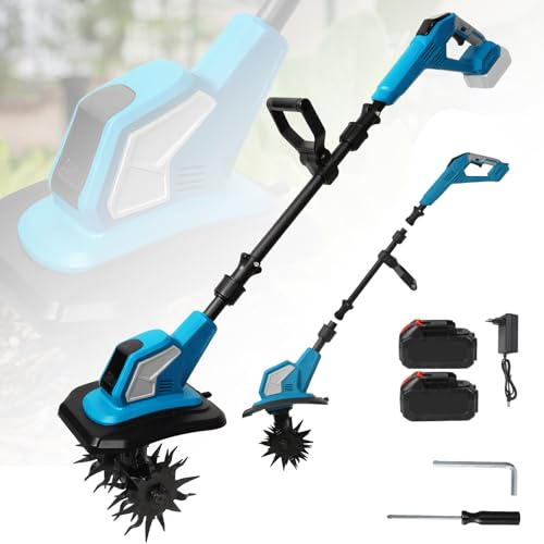 21V Motobineuse Électrique, 360RPM, Largeur Ø17cm, Profondeur Ø24cm, Hauteur réglable 90-140cm, 600W Motobineuse Électrique sans Fil pour Pelouse/Jardin/Travaux du Sol (Bleu+Batterie)