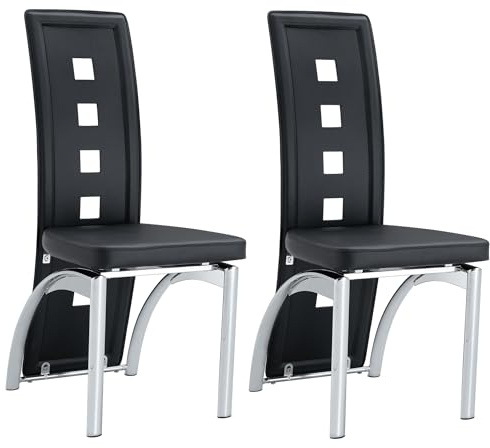 SEEDWAVE Esszimmerstühle 2er Set, Küchenstuhl mit ausgeschnittener Raster-Optik und hoher Rückenlehne, Moderner Polsterstuhl mit weichem PU-Sitz und Metallbeinen (Schwarz/silbernen Beinen)
