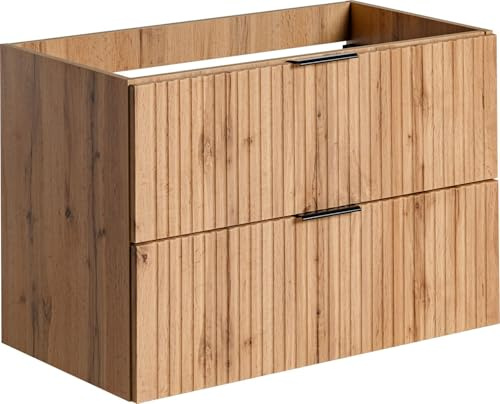 WFL GROUP Waschbeckenunterschrank 80 cm Wandhängend mit Rillenfronten – Soft-Close Schubladen und 3 Griffsets in Gold, Chrom & Schwarz – Geriffelter Waschtischunterschrank in Eiche Braun