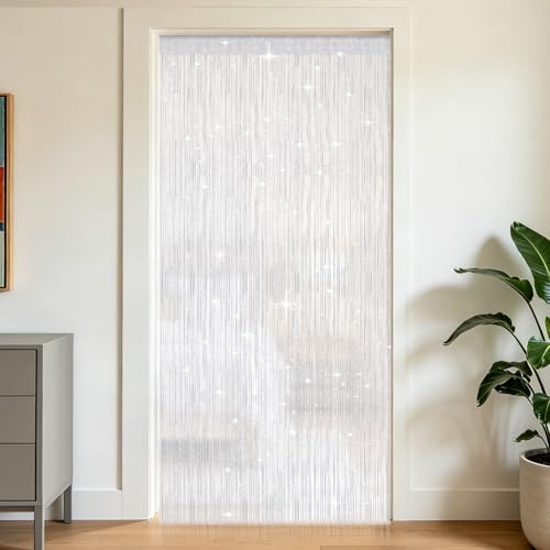 OFFCUP Rideau Décorations de Fenêtre, Rideau à Fils, Rideaus de Porte Fils avec Frange, Découpable 100x200cm pour Portes, Windows, Diviseur de Pièce et Décoration de Chambre, Blanc