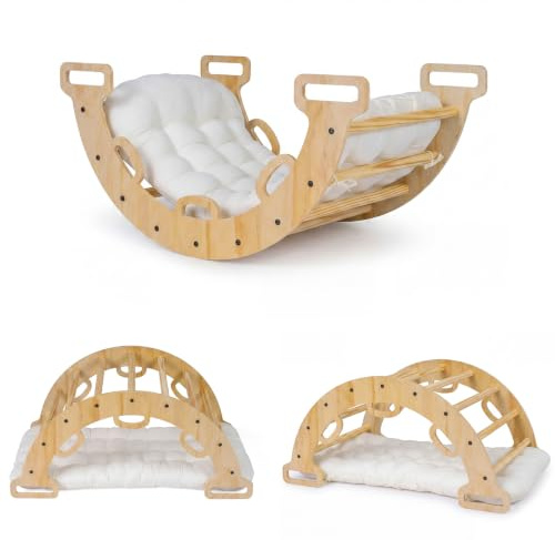 FANTASK 3-in-1 Kletterbogen Holz mit Kissen, Indoor Kletterdreieck zum Wippen, Klettern und Krabbeln, Montessori Klettergerüst, Regenbogen für Kinder ab 3 Jahre (Natur)