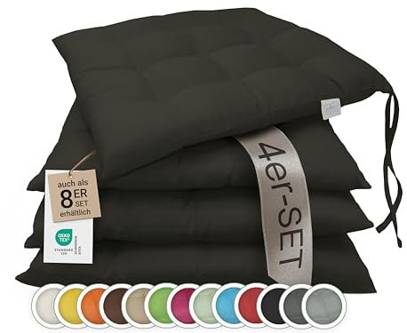 ZOLLNER 4er Set Sitzkissen in 40x40cm - gemütliche Stuhlkissen mit Bindebänder - waschbar bis 30°C - in schwarz - Oeko Tex® Zertifiziert