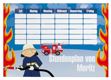 Striefchen® Magnetischer Stundenplan mit Namen für Jungen zum Beschriften - perfekt zum Schulanfang Feuerwehr