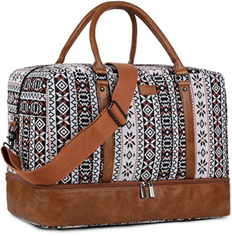 BAOSHA Damen Handgepäck Reisetasche Frauen Canvas Leder Travel Duffel Weekender Tasche für Reise am Wochenend Urlaub mit Schuhfach HB-38 (Drucken)