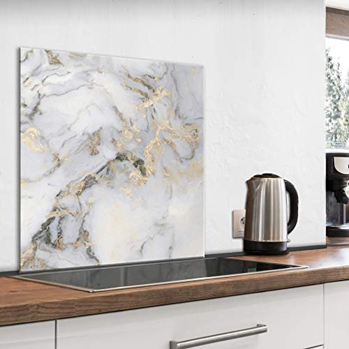 murando Glass Splashback for Kitchen Backsplash Cooker Protector Tempered Glass Decorative Wall Art Panel Heat Resistant Graphic 80x80 cm / 32x32 Marble Stone look f-B-0301-aq-a