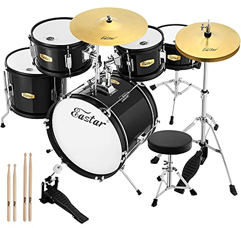 Drum Set Eastar 16 inch 5-Piece, Junior Drum Kit for Beginners Kids Teenagers with Adjustable Throne and Cymbal, Pedal & Drumsticks, Metallic Black (EDS-350MBK)